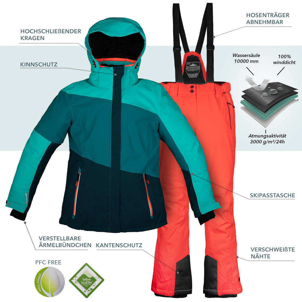 Skianzug Damen Skijacke blau + Skihose orange Gr. 36-50