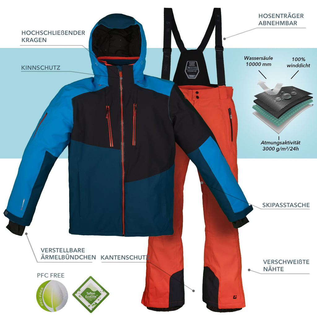 Skianzug Herren Skijacke blau + Skihose orange