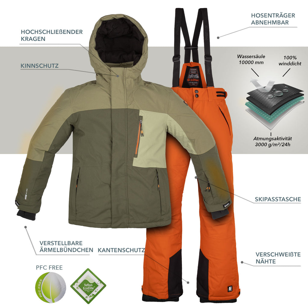 killtec Skianzug Jungen Olive Orange | Skijacke und Skihose im Set