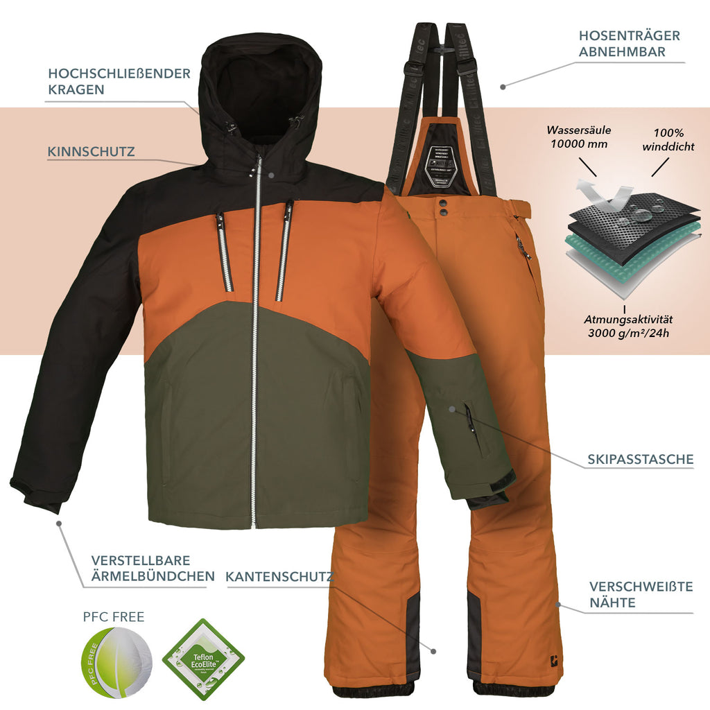 Skianzug Herren Skijacke schwarz + Skihose orange Gr. S